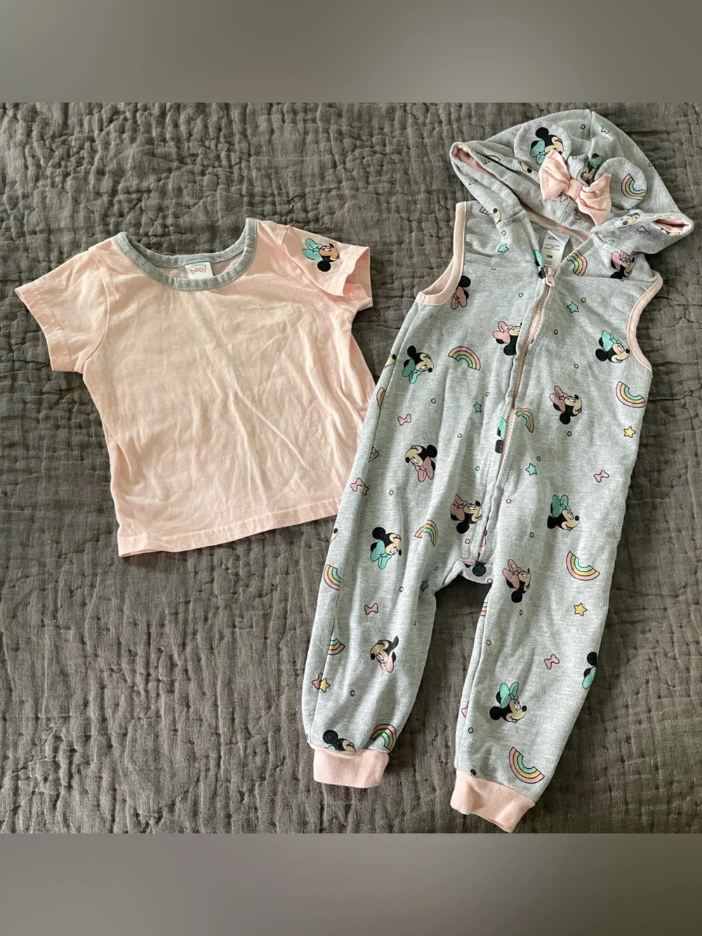 Disney Minnie Mouse Coral Pink Short Sleeve Top & Gray Hooded Romper Set 18m